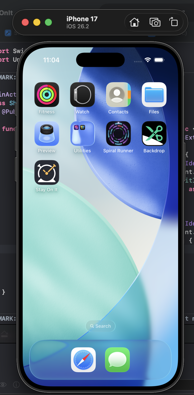 iPhone simulator home screen with the app installed