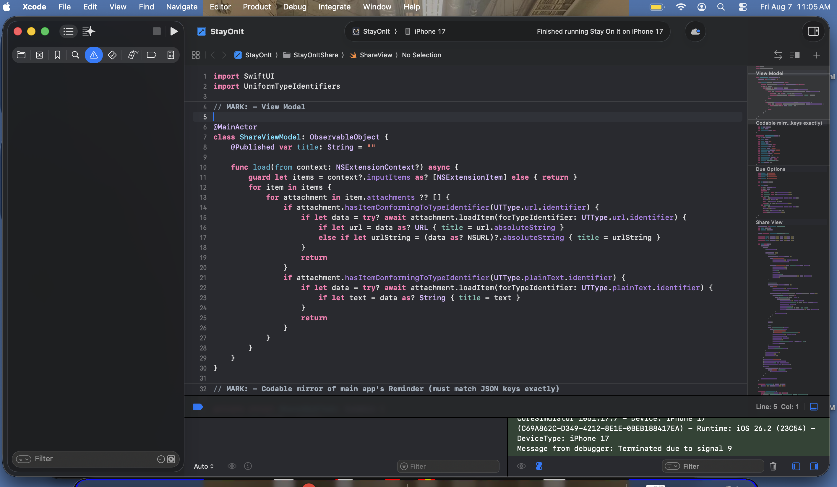 Xcode with the starter project open, Swift code visible